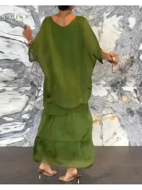 Dark green Caroline loose round neck dress by Lumina Vancouver, casual fit with soft fabric and relaxed style.