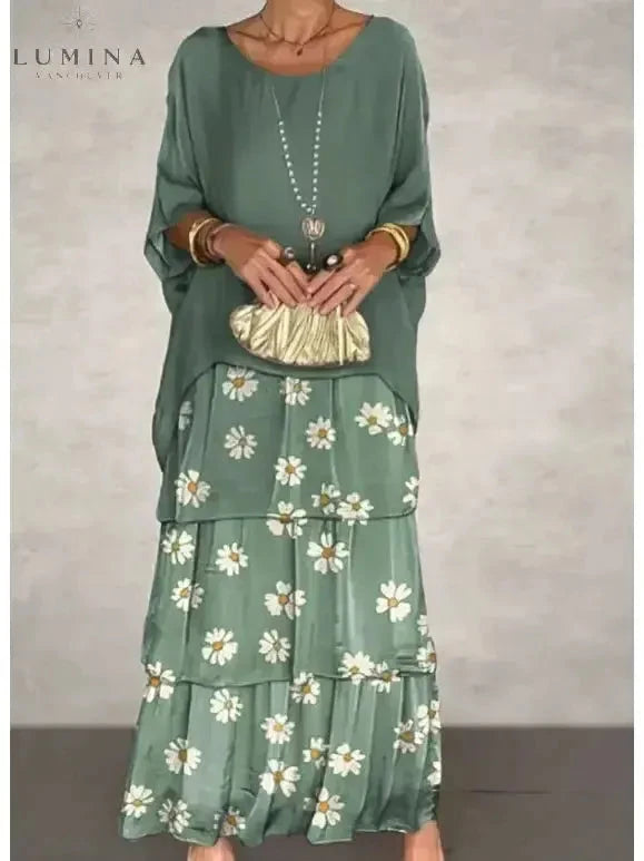 Dark green Caroline loose round neck dress by Lumina Vancouver, shown on a model with a relaxed fit and casual style.