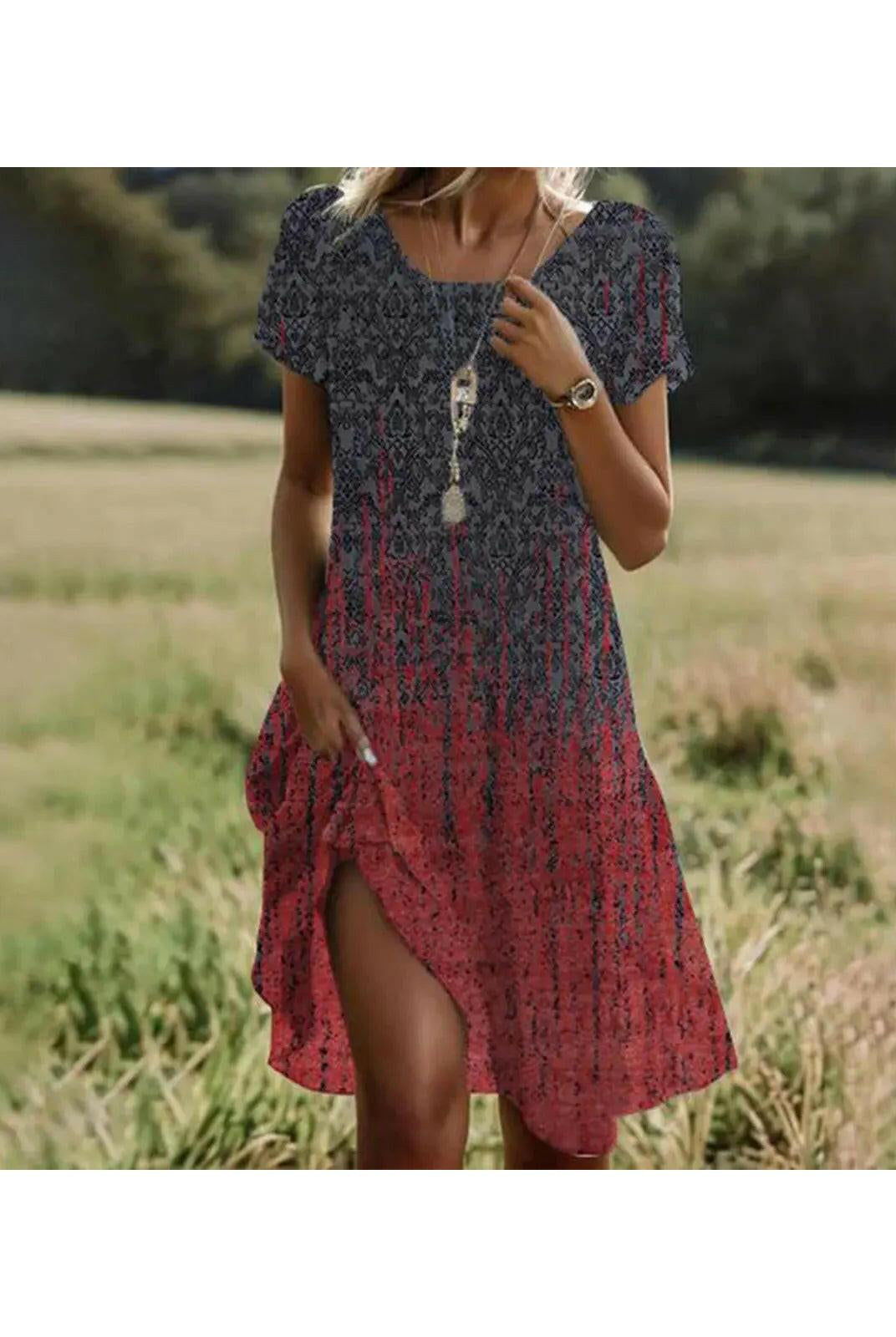 Red Maeve bohemian dress by Lumina Vancouver featuring flowing fabric and relaxed fit, perfect for casual and festival wear.