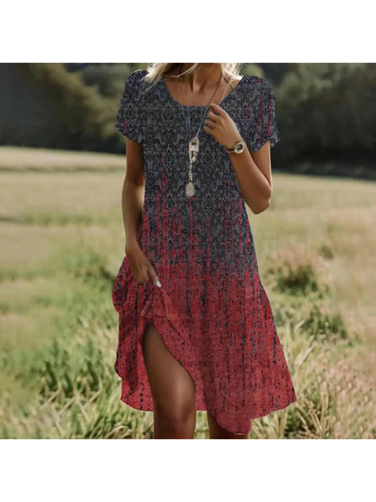 Red Maeve bohemian dress by Lumina Vancouver featuring flowing fabric and relaxed fit, perfect for casual and festival wear.