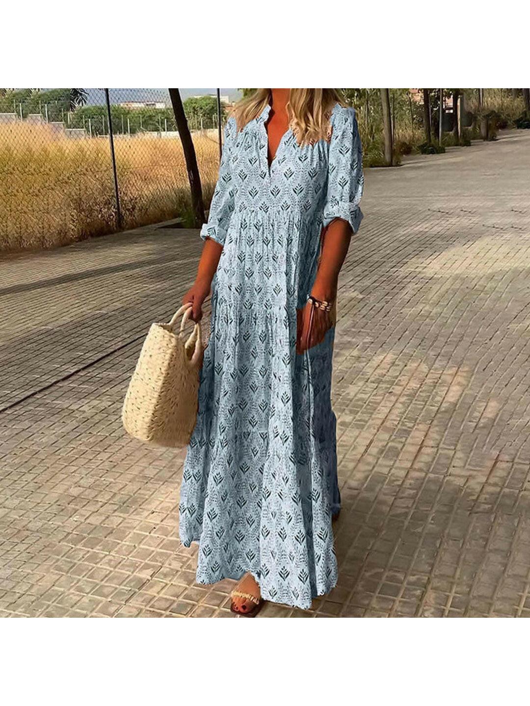 Lumina Wear MIA™ Boho Dress in blue, featuring flowing fabric and relaxed fit, perfect for casual or bohemian style.