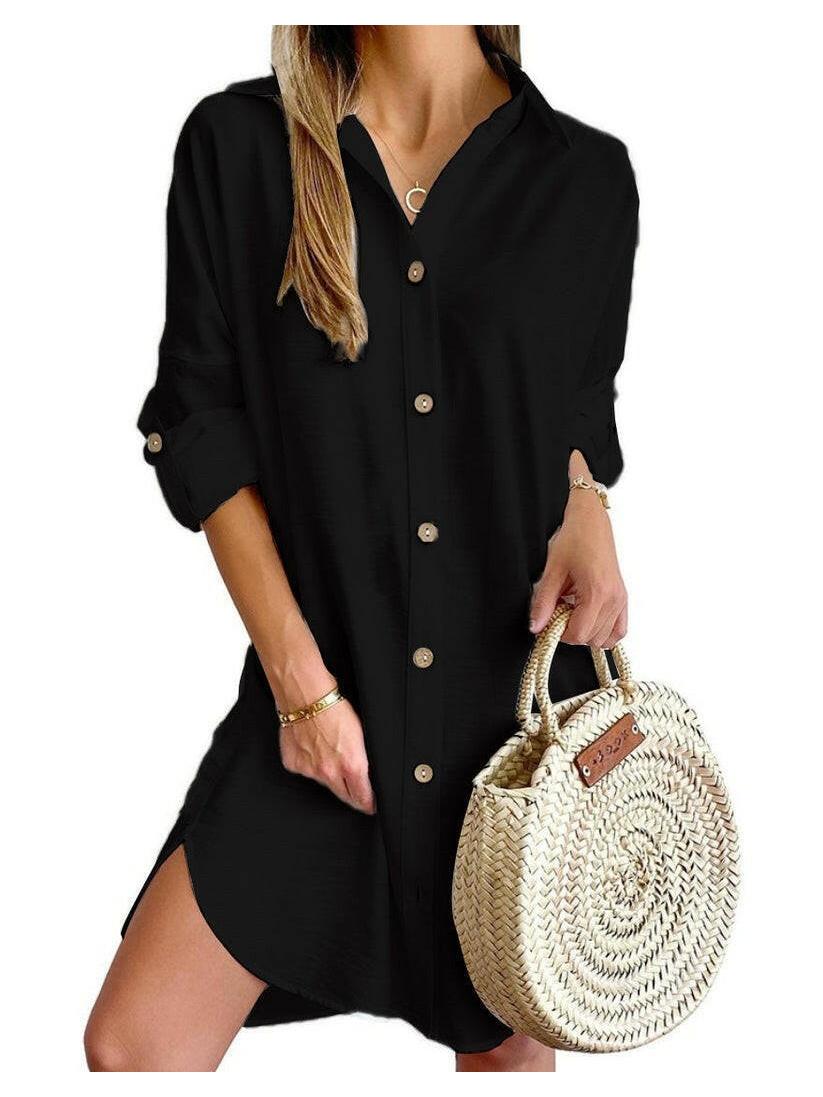 White Cassy™ Button-Up Shirt Dress by Lumina Vancouver, lightweight and stylish, shown on a model.