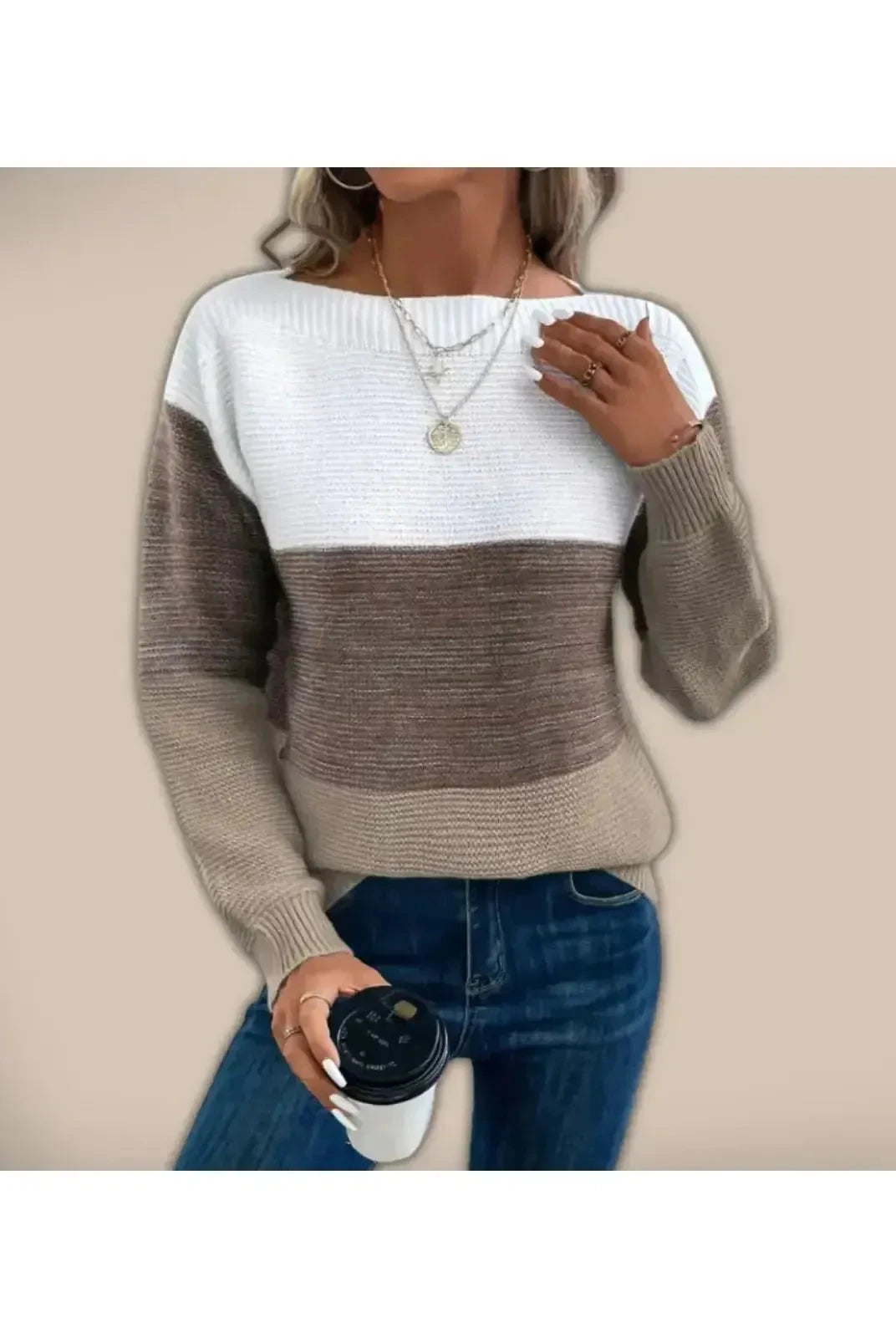 Beige Lumina Wear Alice sweater with a cozy knit design, shown on a model. Soft, stylish sweater perfect for casual wear.