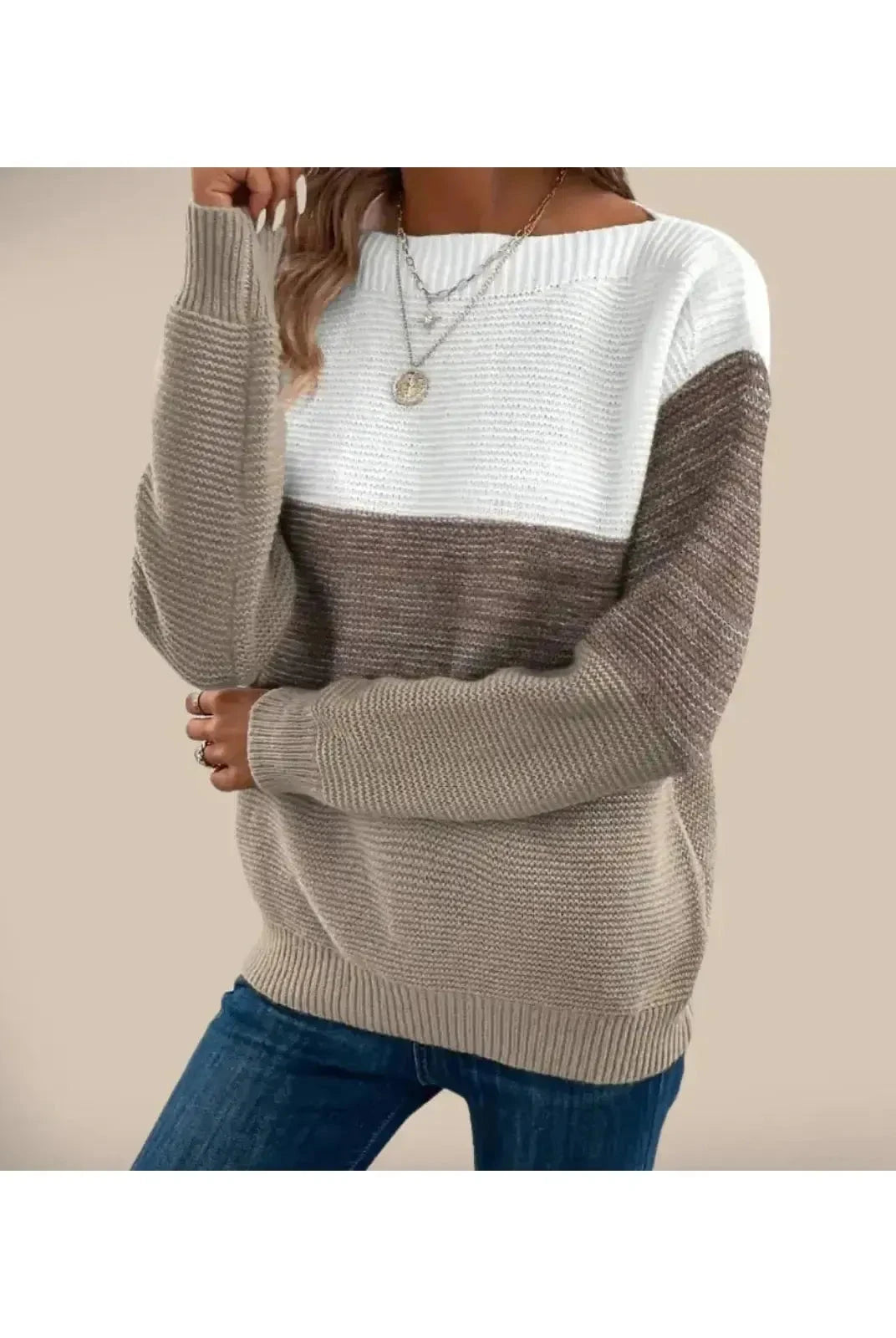 Beige Alice sweater by Lumina Wear featuring a cozy knit design, perfect for casual and stylish fall or winter outfits.