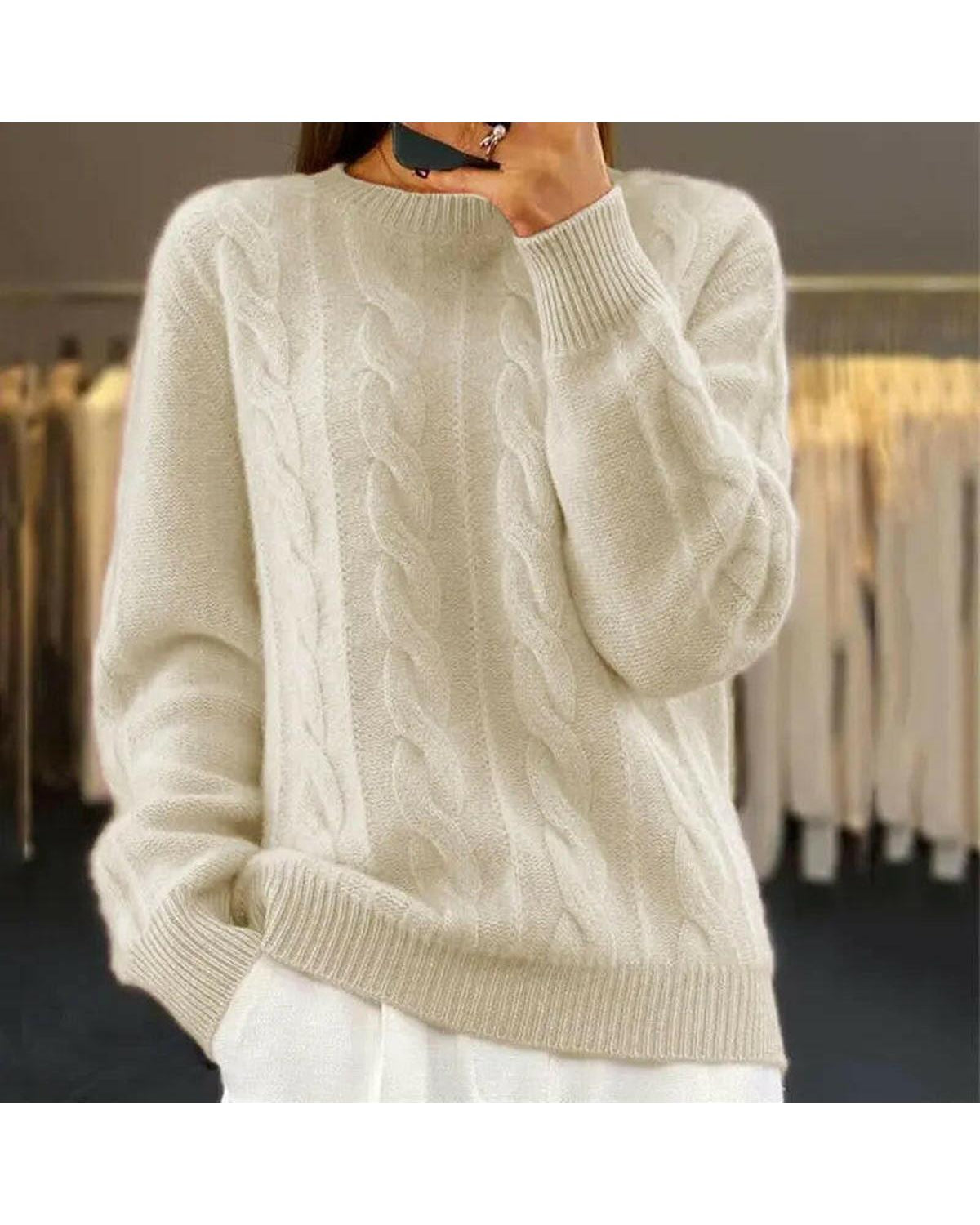 Beige Lumina Wear Camila Elegant Knit Sweater with a cozy, fitted design and ribbed cuffs, displayed on a neutral background.