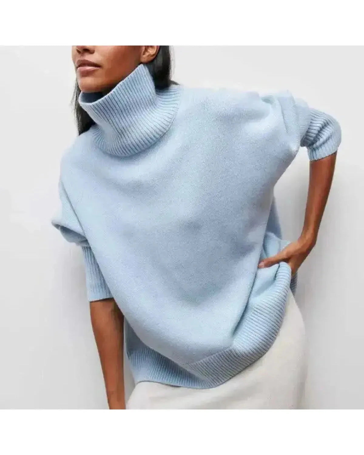 Blue Lumina Wear Mia cozy turtleneck sweater, soft knit with a comfortable fit, shown on a model.