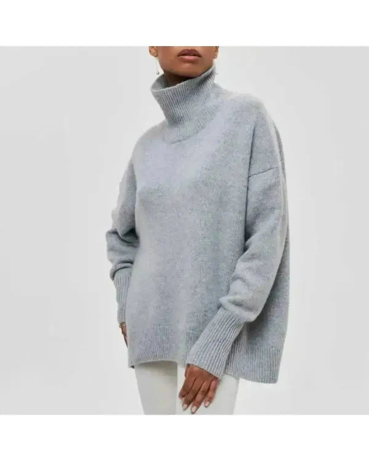 Lumina Wear Mia cozy blue turtleneck sweater, soft knit fabric, shown on a model, perfect for casual and cold weather wear.