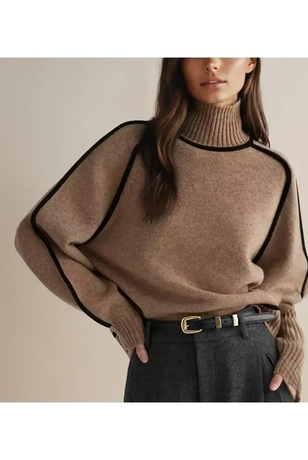 Brown Maeve Luxurious Turtleneck Sweater by Lumina Wear, showcasing a cozy knit with a high neckline and stylish fit.