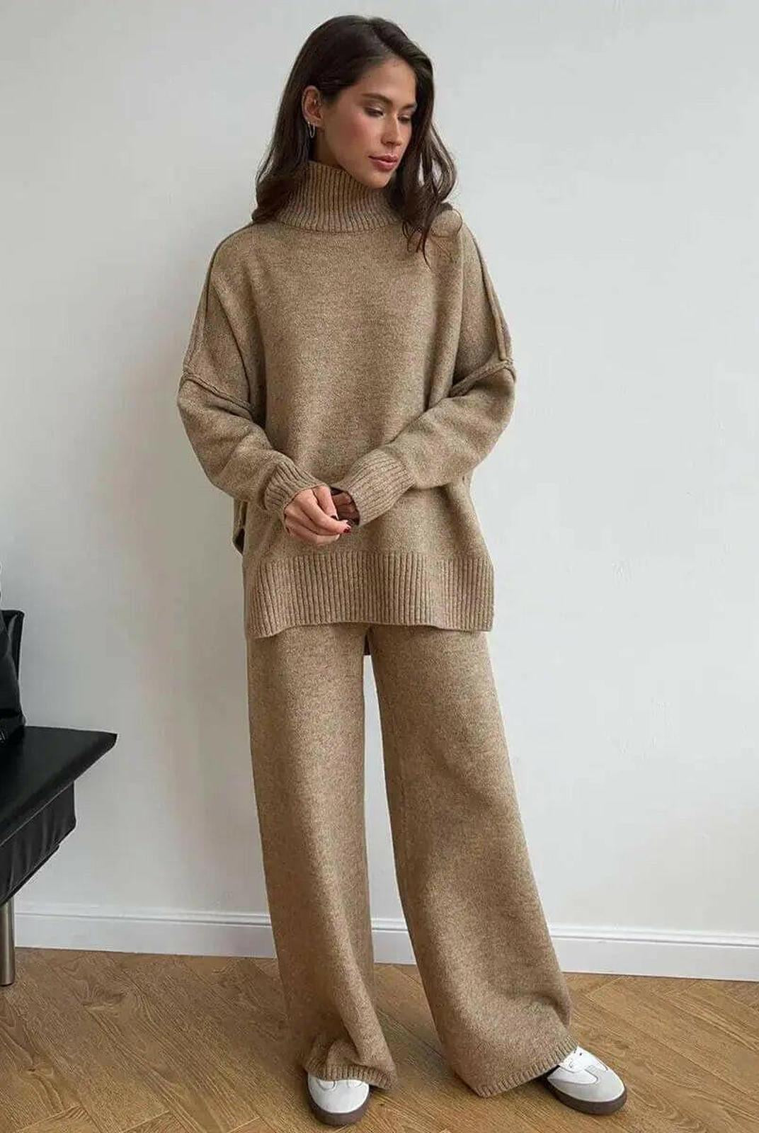 A caramel-colored Lumina Wear Ayla Knit Set featuring a cozy sweater and matching pants, styled casually on a model.