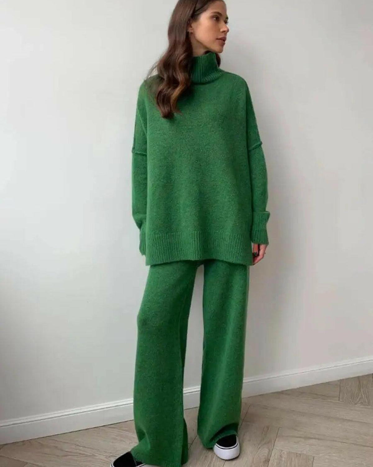 A caramel-colored Lumina Wear Ayla Knit Set featuring a cozy sweater and matching knit bottoms, styled for casual wear.