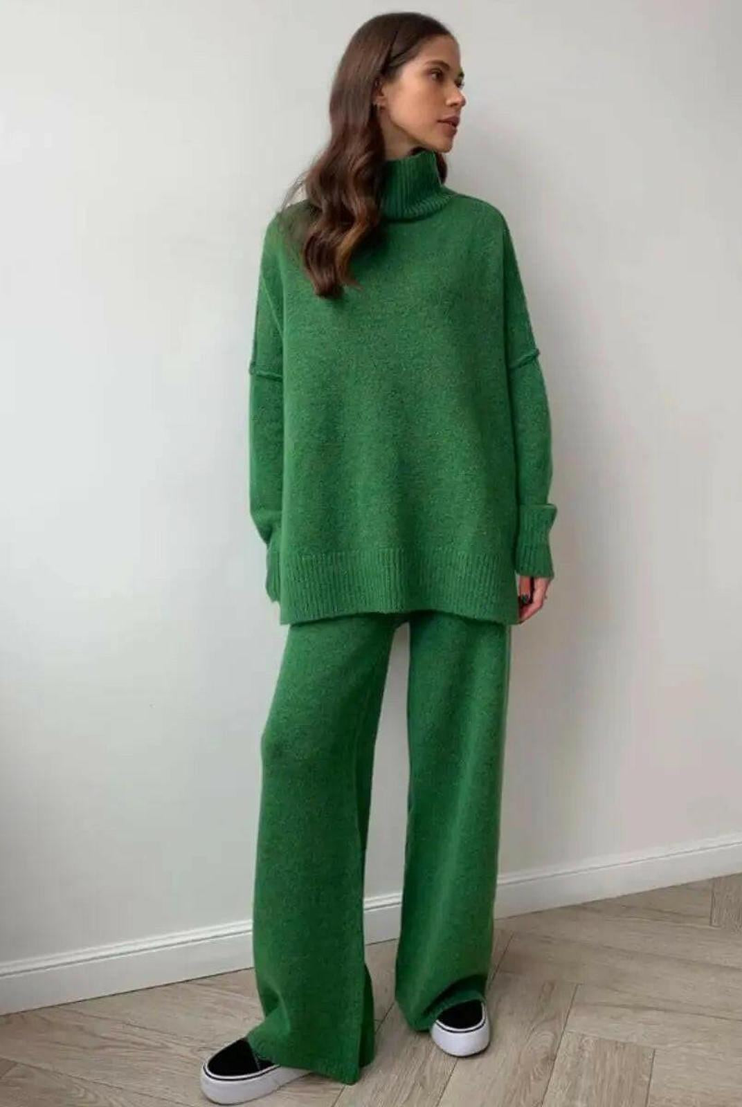 A caramel-colored Lumina Wear Ayla Knit Set featuring a cozy sweater and matching knit bottoms, styled for casual wear.