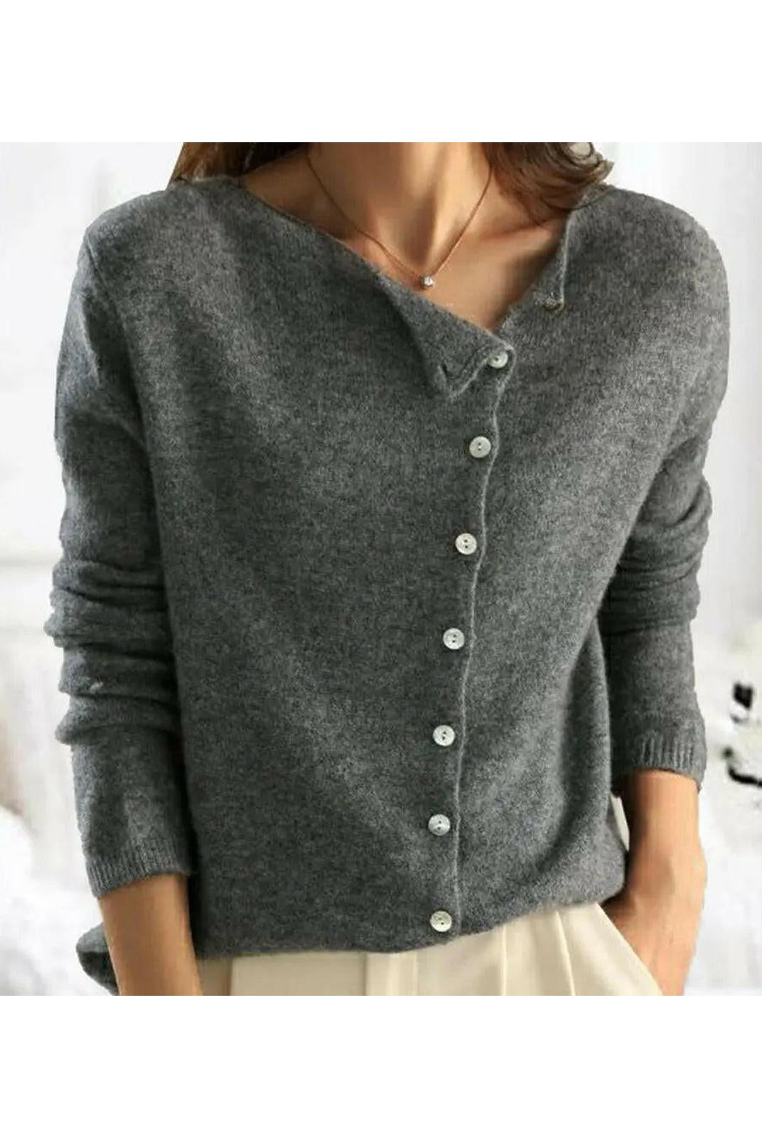 Light grey Lumina Wear Malu knitted sweater, close-up of cozy knit fabric and relaxed fit, worn by model.