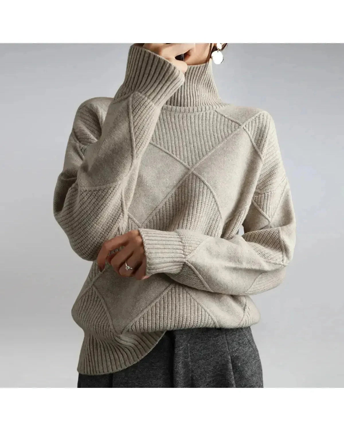 Lumina Wear Nora turtleneck sweater in khaki, featuring a cozy knit design and fitted silhouette.