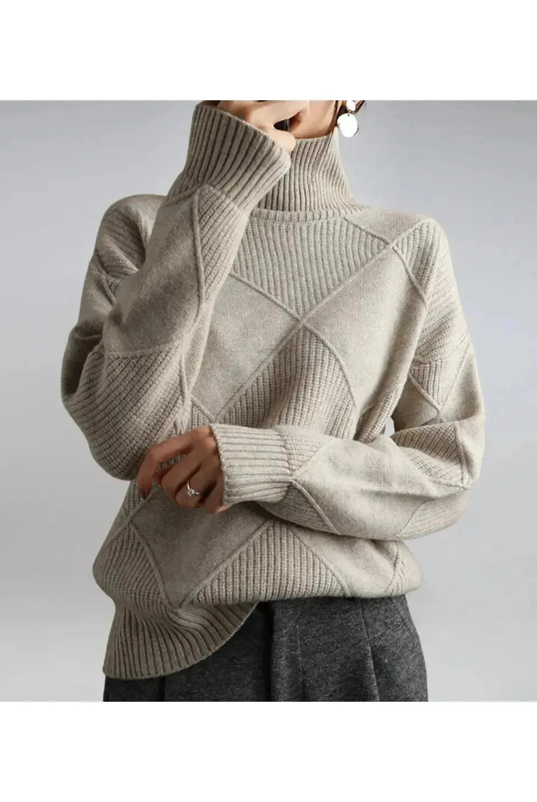 Lumina Wear Nora turtleneck sweater in khaki, featuring a cozy knit design and fitted silhouette.
