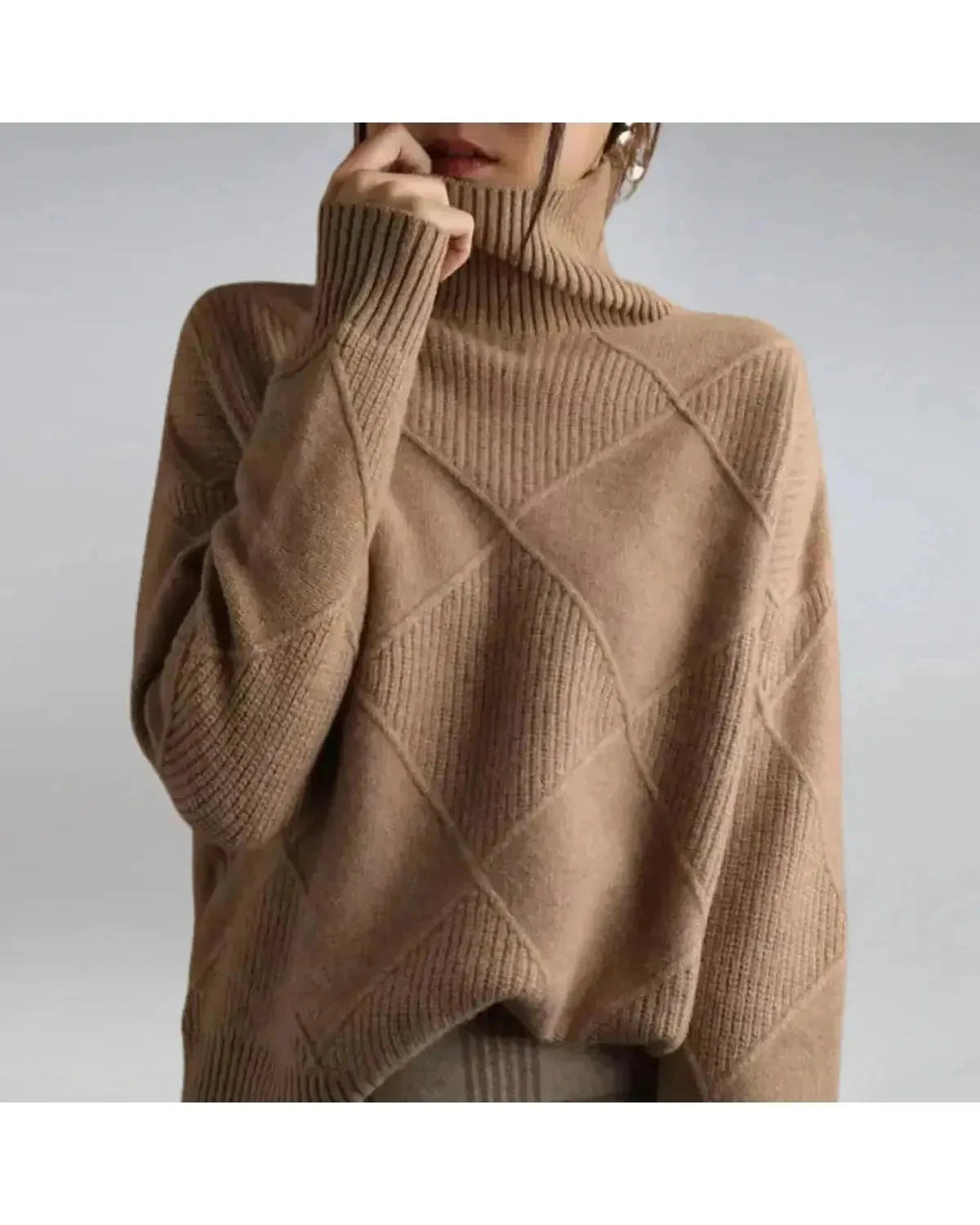 Lumina Wear Nora khaki turtleneck sweater, cozy knit design, close-up of fabric and collar detail.