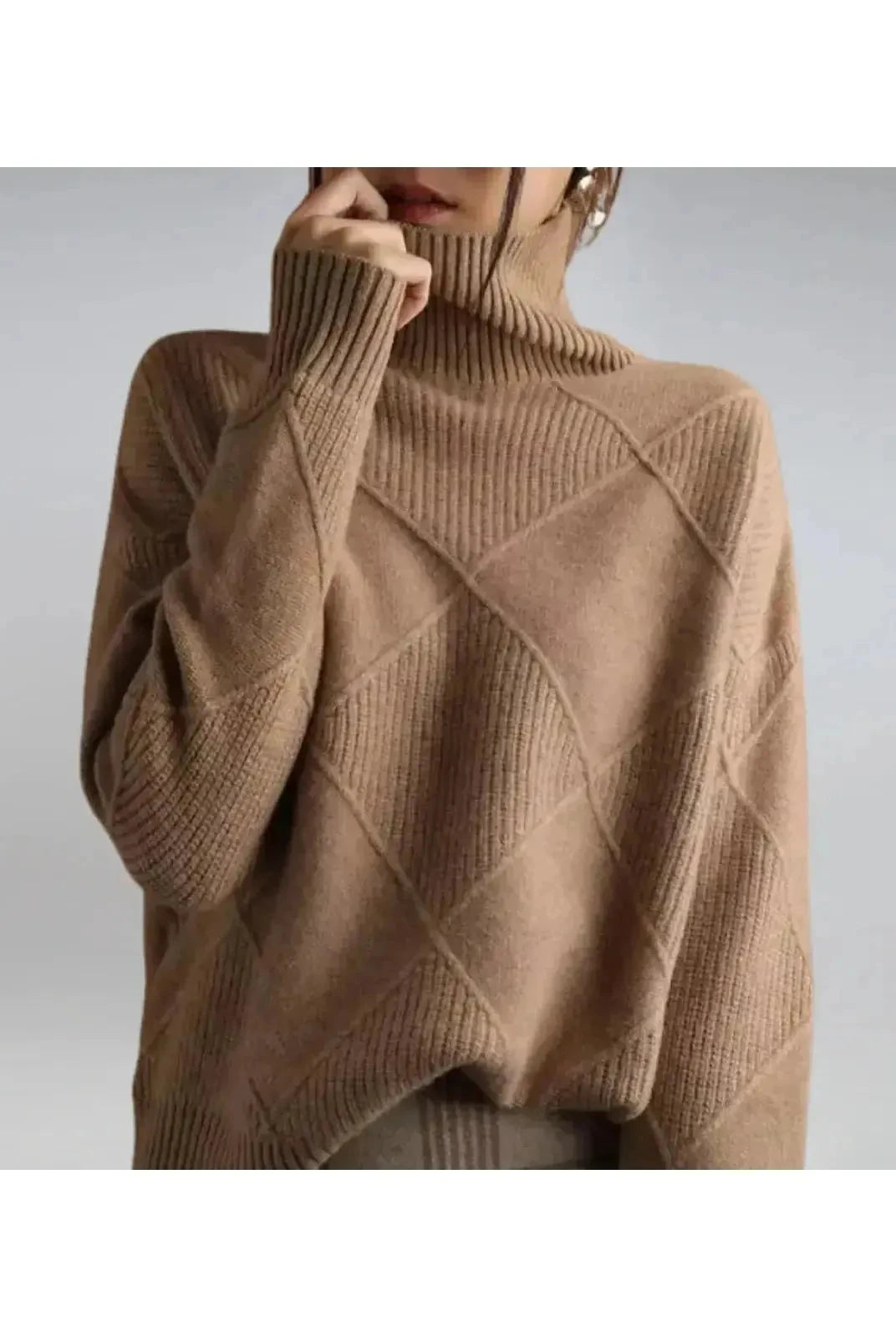 Lumina Wear Nora khaki turtleneck sweater, cozy knit design, close-up of fabric and collar detail.