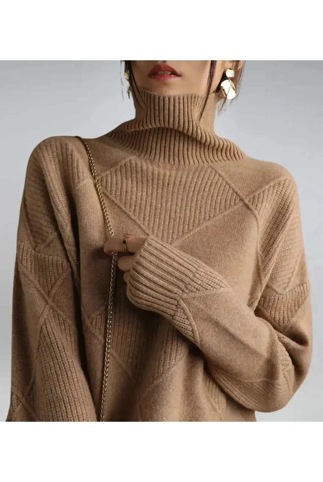 Lumina Wear Nora khaki turtleneck sweater, lightweight knit with a cozy fit, featuring a high neckline and long sleeves.