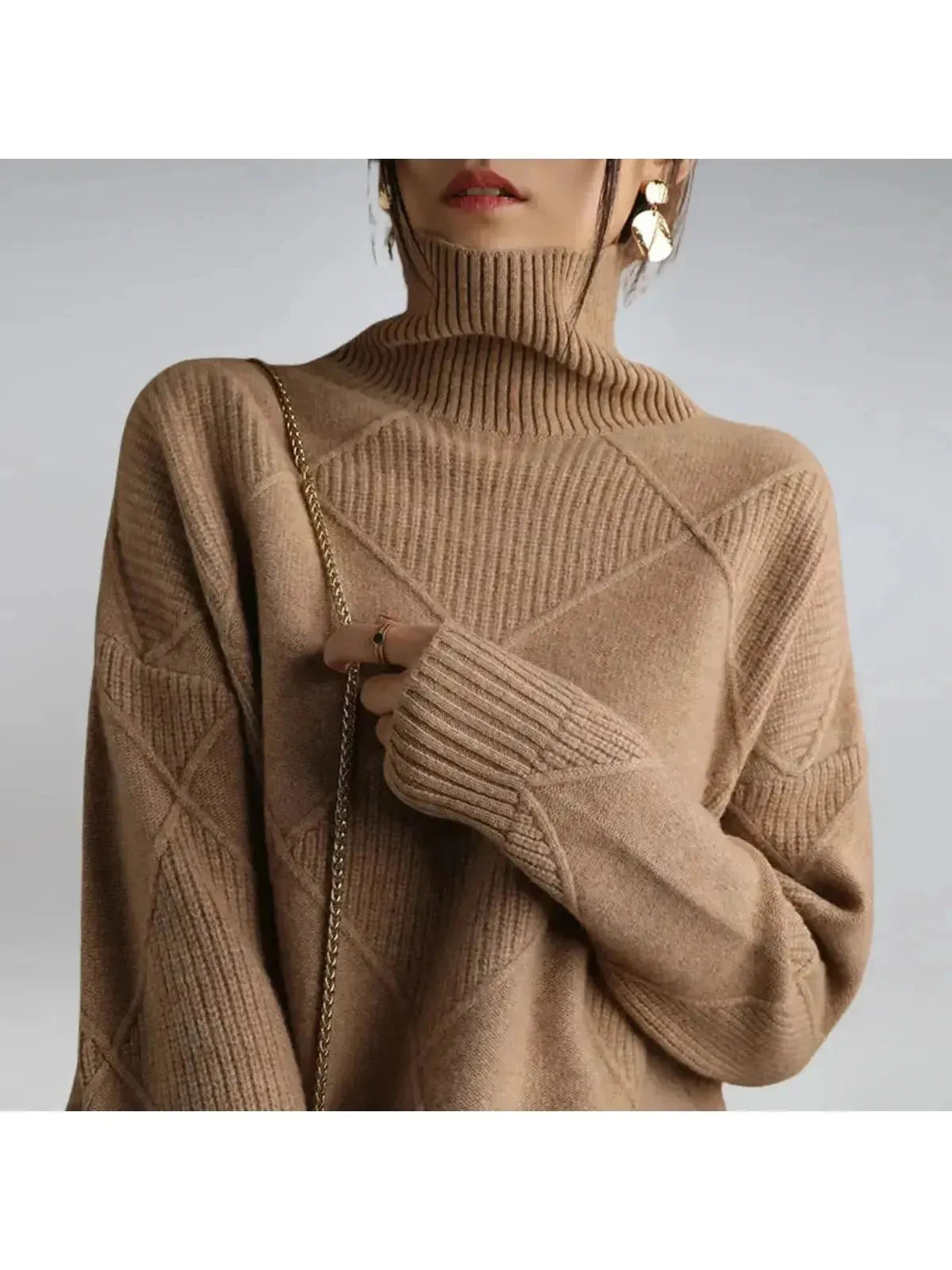 Lumina Vancouver Nora khaki turtleneck sweater, end sale, lightweight knit, close-up of fabric and neckline detail.
