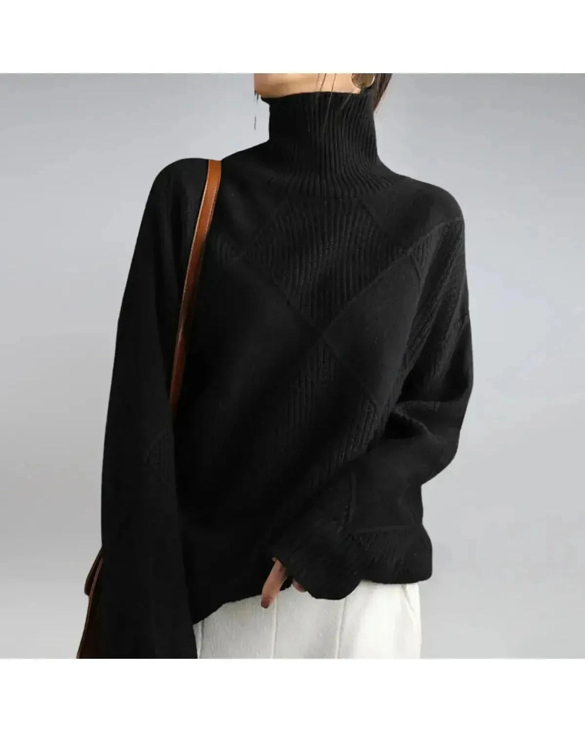 Lumina Wear Nora khaki turtleneck sweater, close-up of the cozy knit fabric and high neckline, size small.