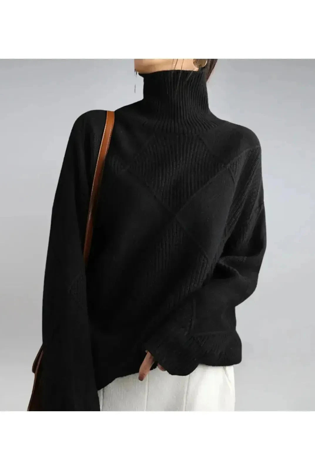 Lumina Wear Nora khaki turtleneck sweater, close-up of the cozy knit fabric and high neckline, size small.