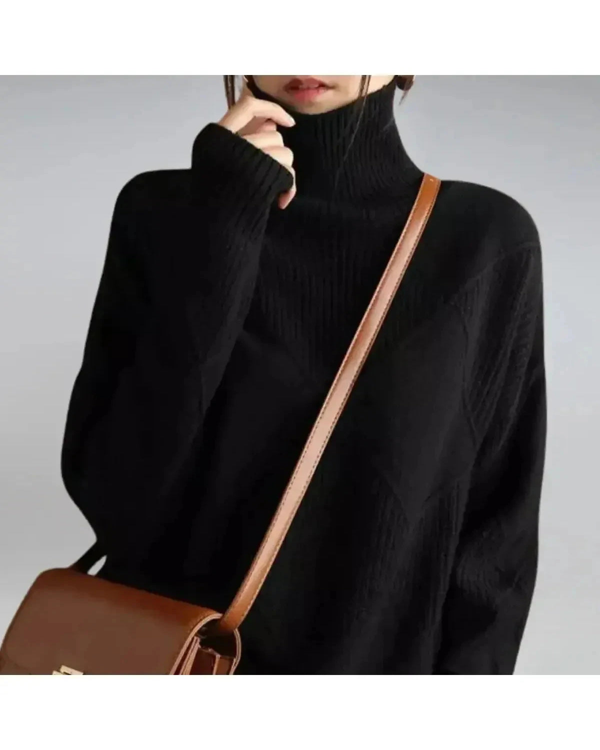 Lumina Wear Nora khaki turtleneck sweater with ribbed collar and long sleeves, cozy knit for casual wear.