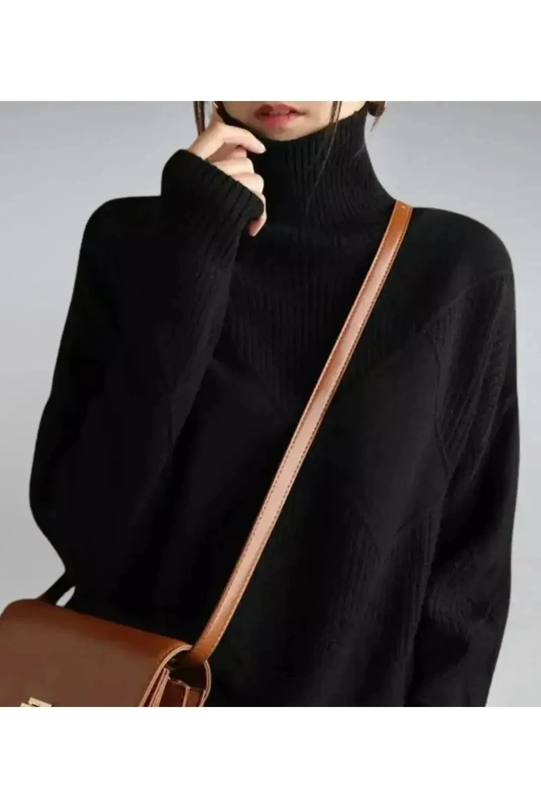 Lumina Wear Nora khaki turtleneck sweater with ribbed collar and long sleeves, cozy knit for casual wear.