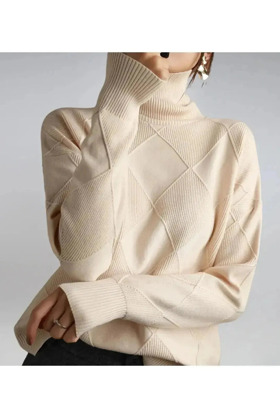 Lumina Wear Nora turtleneck sweater in khaki, cozy knit design, medium size, perfect for casual and layered outfits.