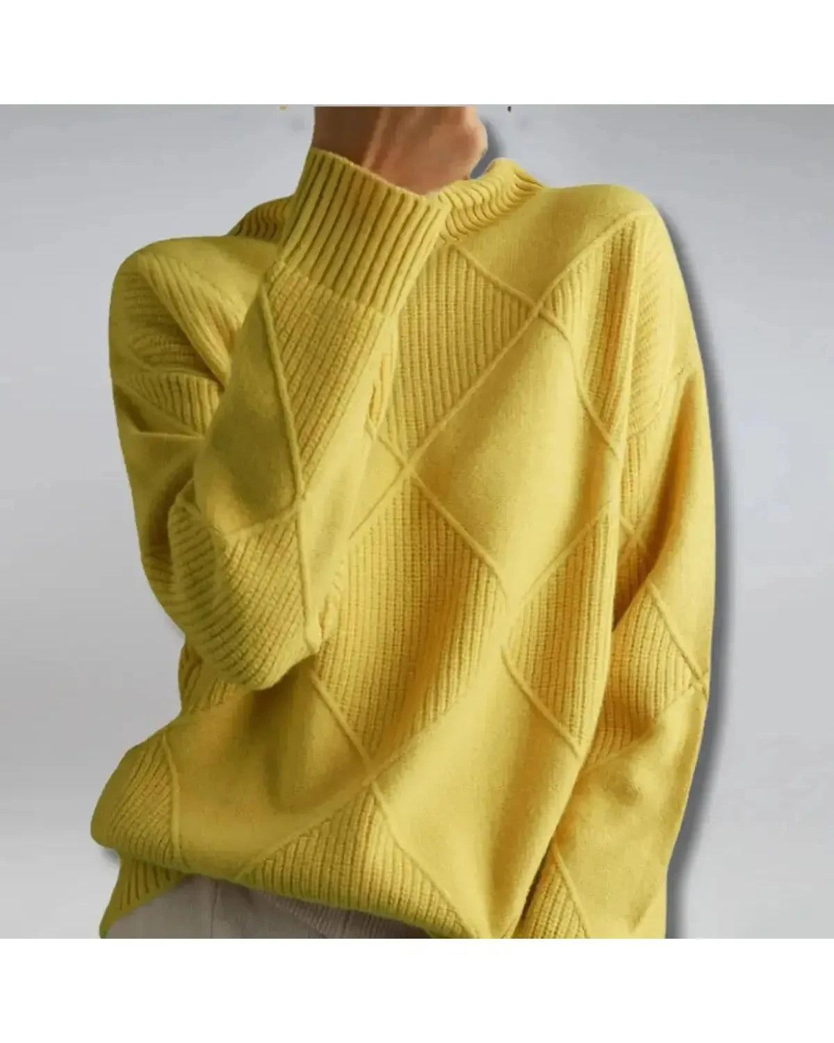 Lumina Wear Nora khaki turtleneck sweater, close-up of soft knit fabric and fitted style, casual winter fashion.
