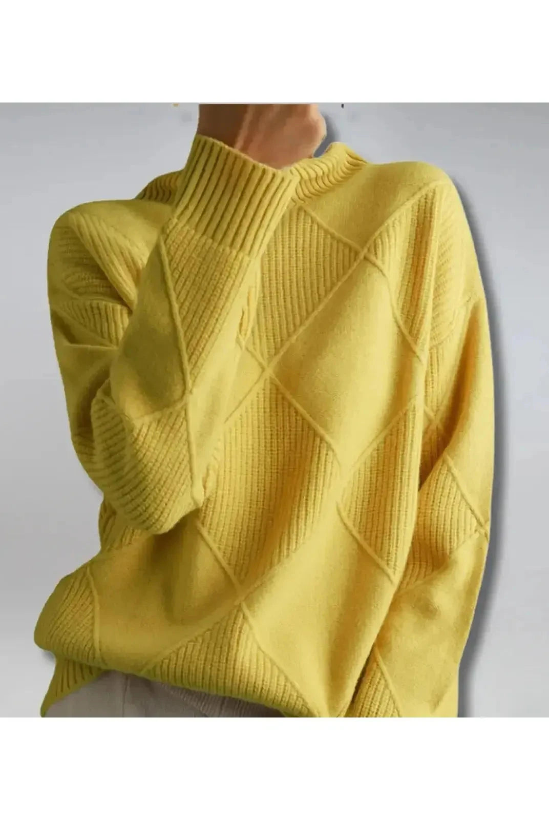 Lumina Wear Nora khaki turtleneck sweater, close-up of soft knit fabric and fitted style, casual winter fashion.