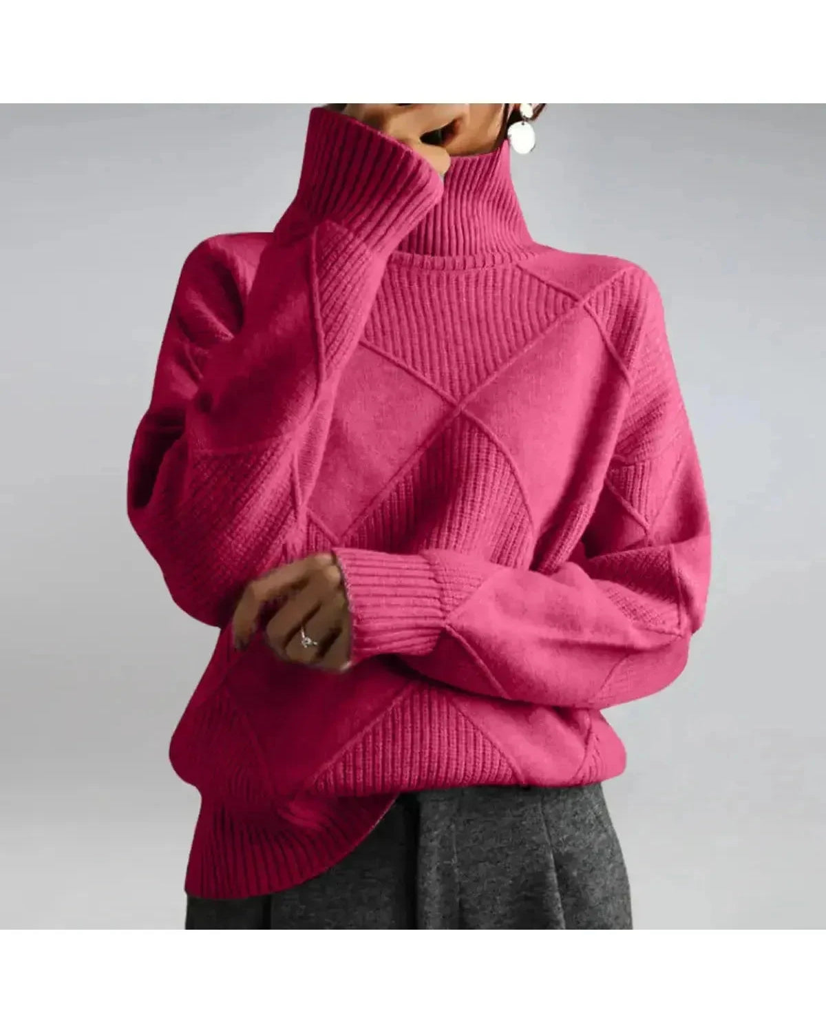 Lumina Wear Nora khaki turtleneck sweater displayed on a hanger, showcasing soft knit fabric and classic design.