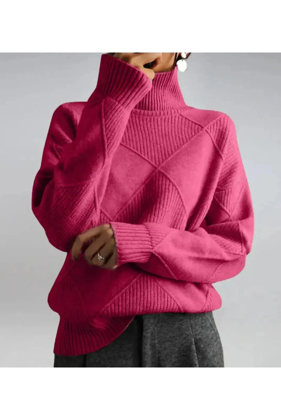 Lumina Wear Nora khaki turtleneck sweater displayed on a hanger, showcasing soft knit fabric and classic design.