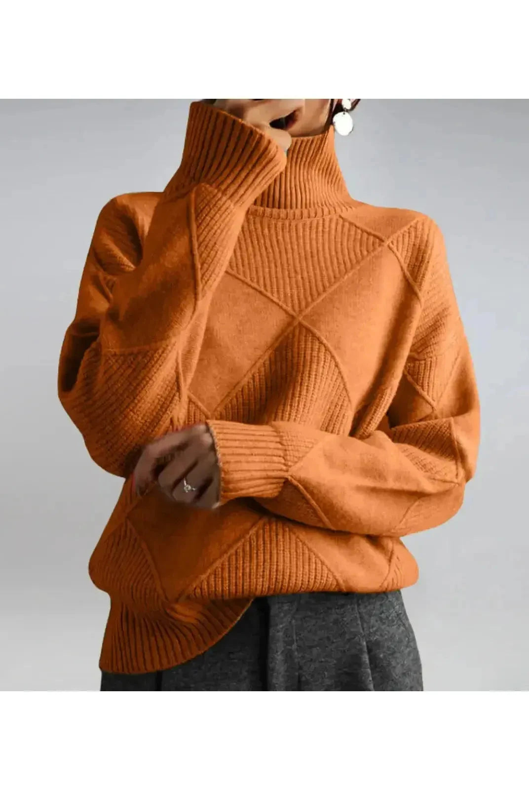 Lumina Wear Nora khaki turtleneck sweater, close-up of soft knit fabric and fitted style, size S, casual and cozy design.