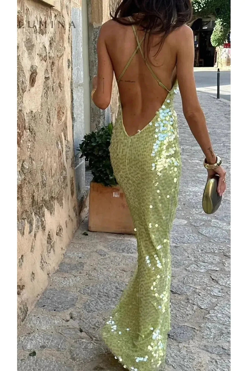 Lumina Wear Kendal sequins maxi dress on a model, featuring a shimmering design perfect for evening or special occasions.