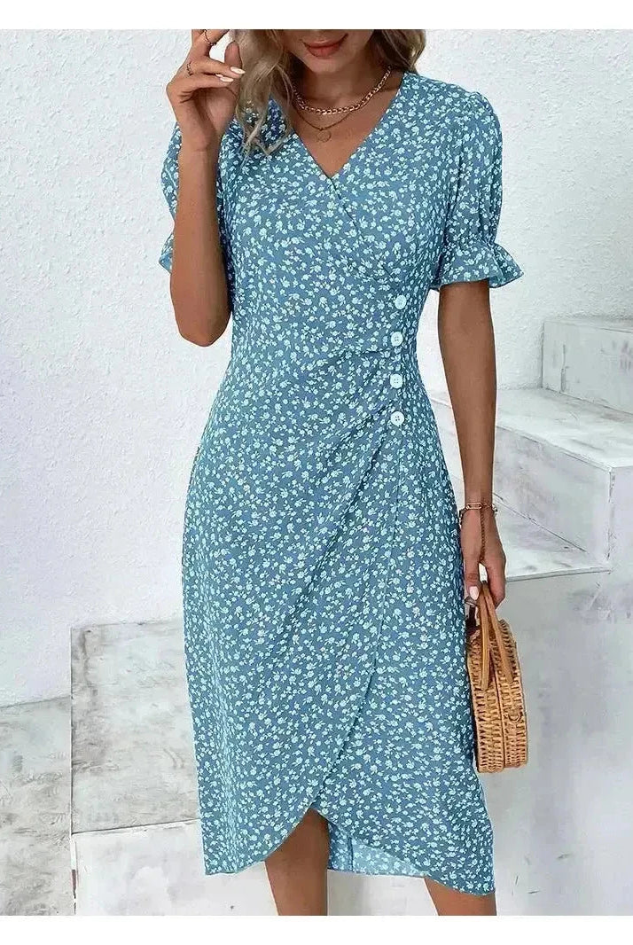 Lumina Vancouver Alexxe modern chic floral dress with green fabric, stylish design, perfect for contemporary fashion.
