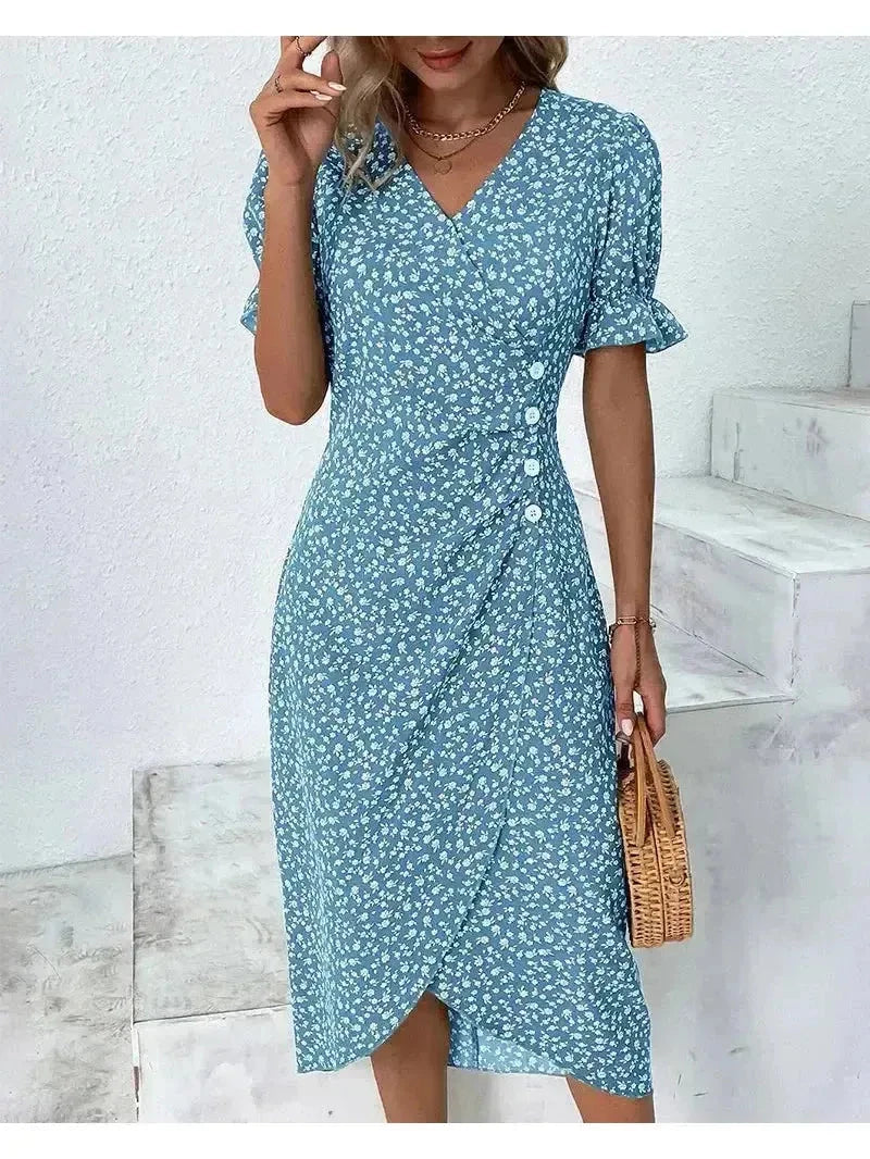 Lumina Vancouver Alexxe modern chic floral dress with green fabric, stylish design, perfect for contemporary fashion.