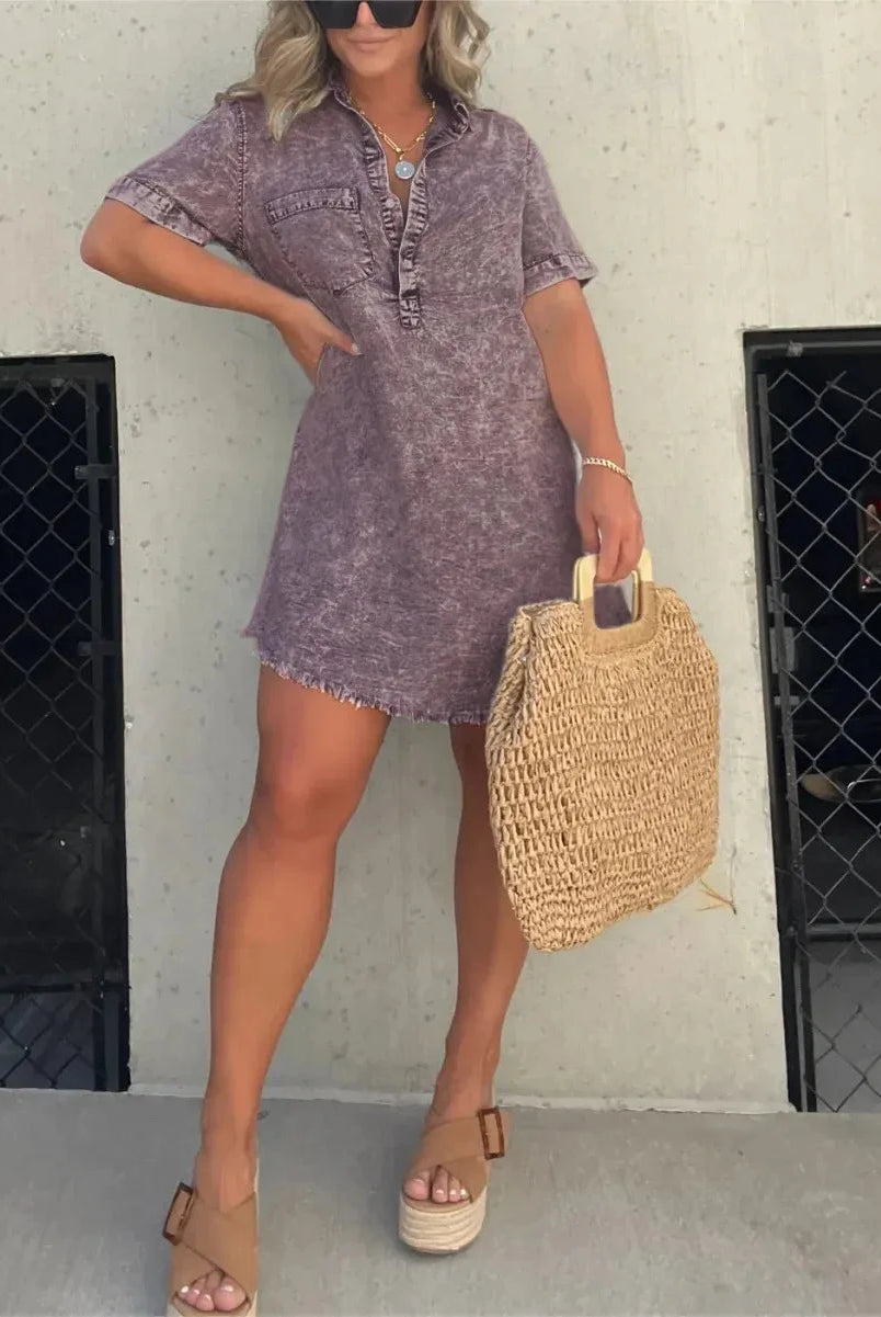 Gray denim shirt dress by Lumina Vancouver featuring a casual fit and button-up front, styled for a relaxed, contemporary look.