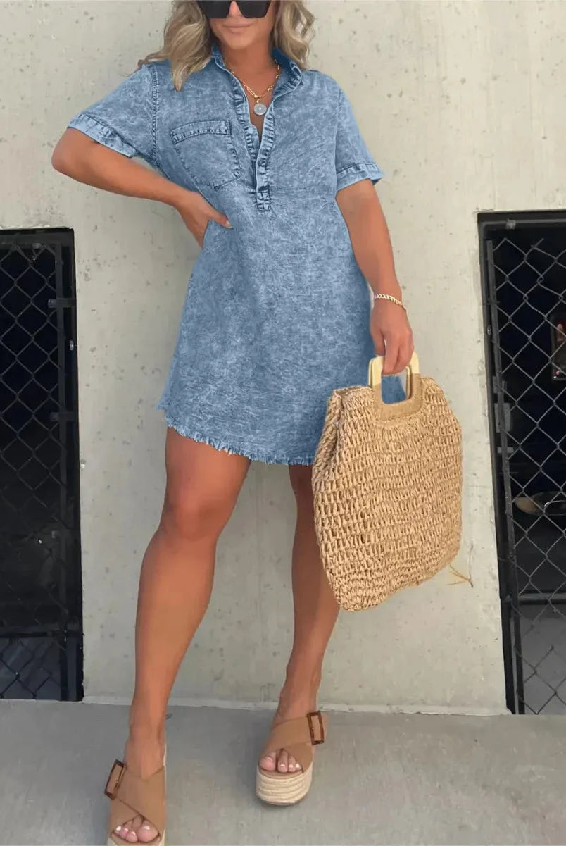 Grey Emberlynette denim shirt dress by Lumina Vancouver displayed on a model, showcasing casual chic style and button-front design.