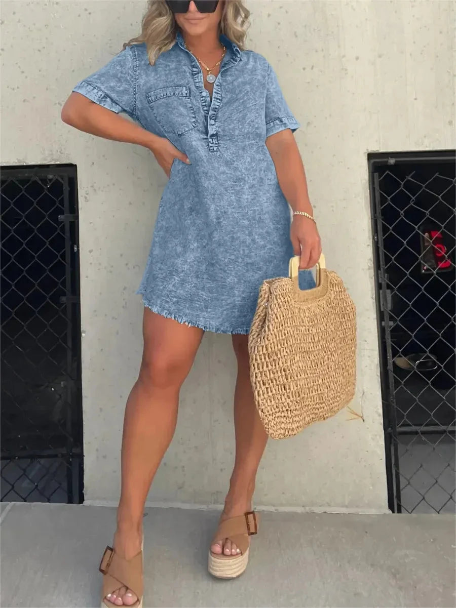 Grey Emberlynette denim shirt dress by Lumina Vancouver displayed on a model, showcasing casual chic style and button-front design.
