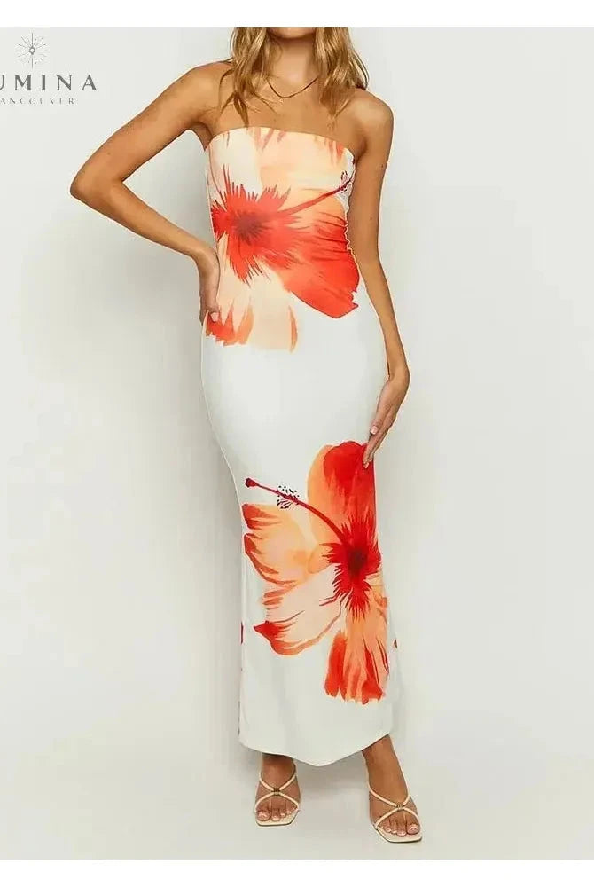 Lumina Wear Hawin bandeau summer dress in orange, lightweight fabric, sleeveless design, perfect for warm weather and casual outings.