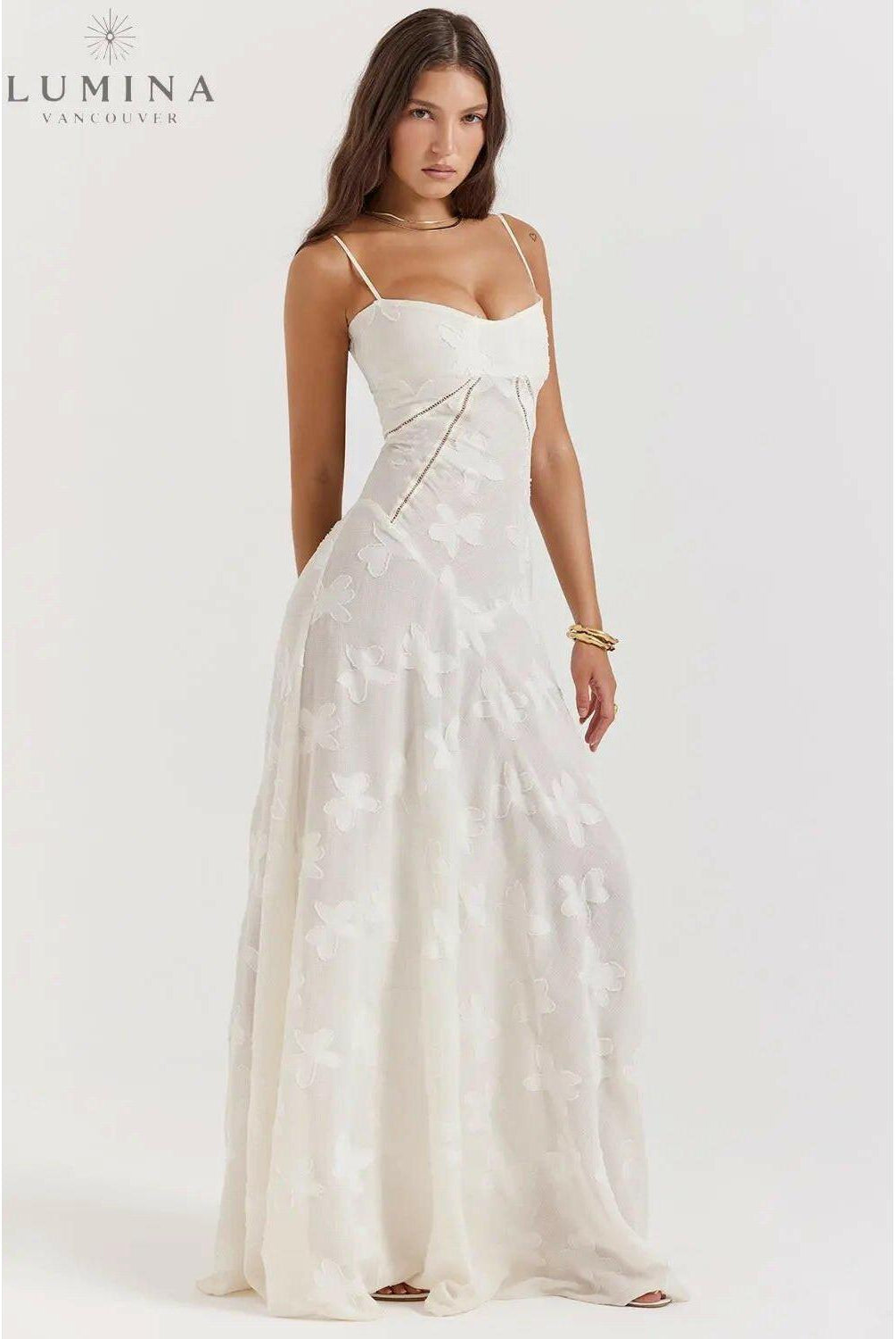 White Mireille Romantic Summer Dress by Lumina Wear, featuring lightweight fabric and feminine design, perfect for warm weather.