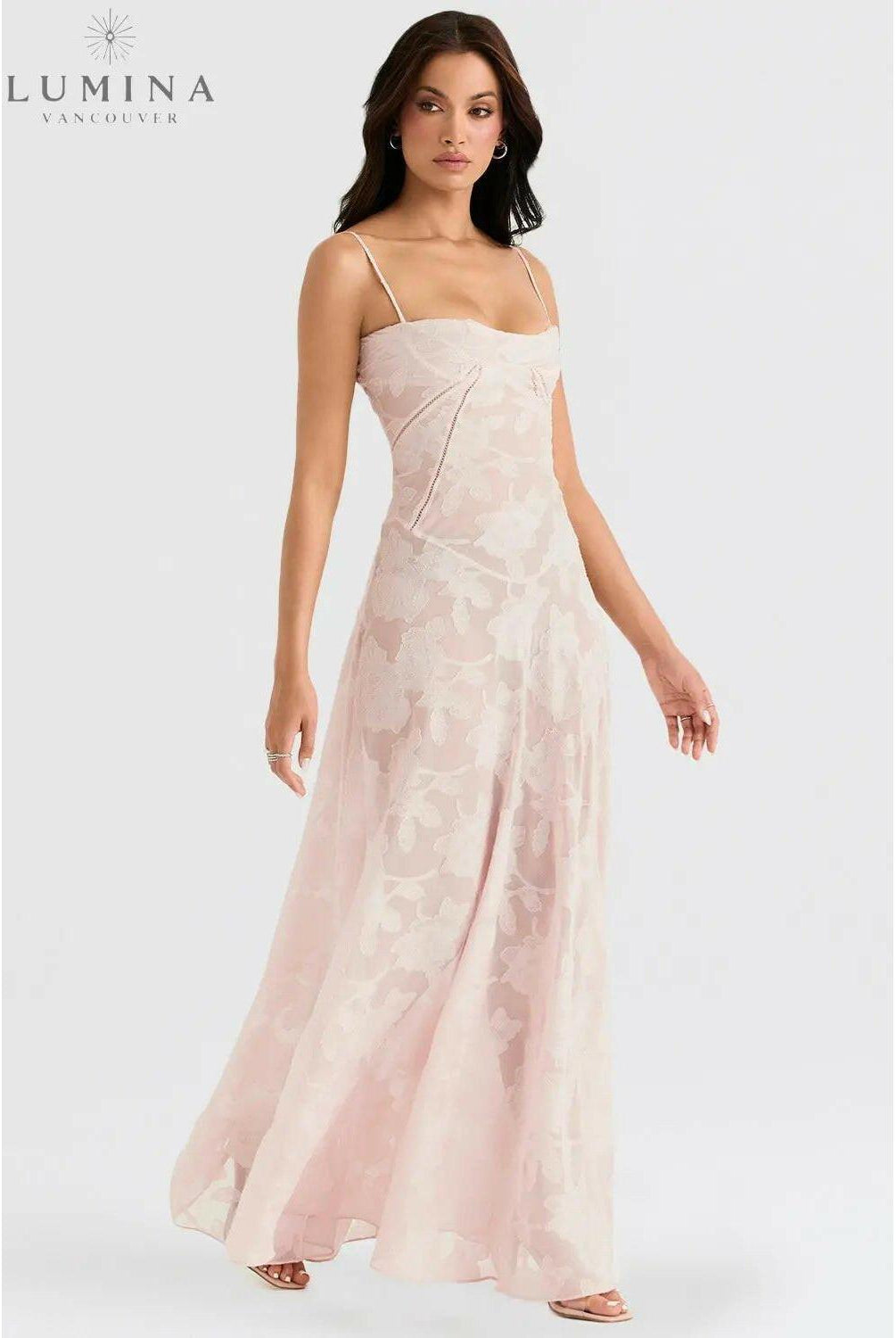 Lumina Wear Mireille Romantic Summer Dress in white, light and flowy fabric, perfect for warm weather and holiday vibes.
