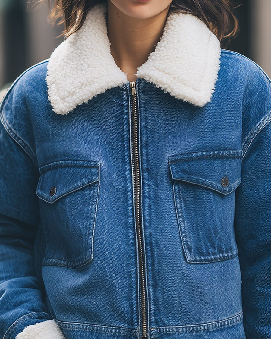 Blue Elena Sherpa-lined denim jacket by Lumina Wear, front view showing cozy sherpa lining and classic denim style.