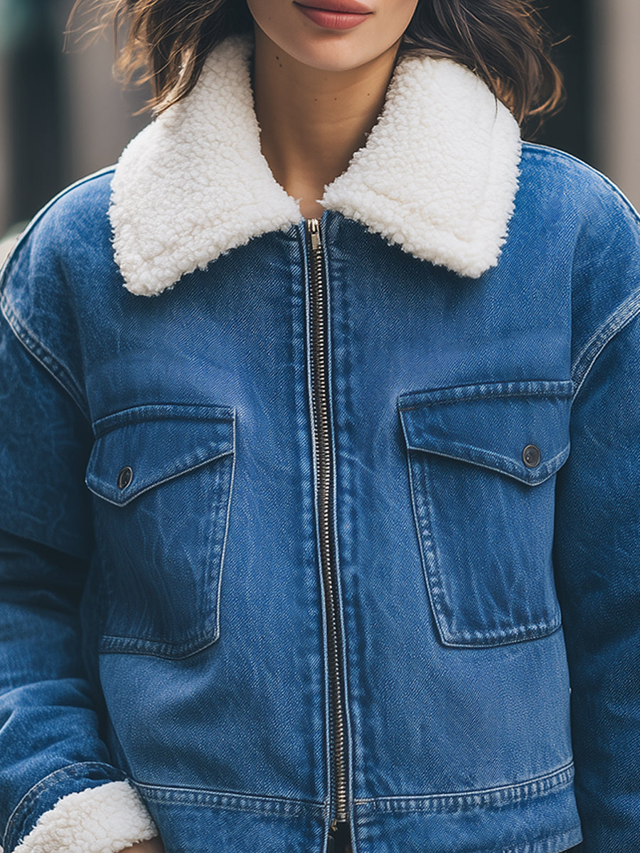Blue Sherpa-lined denim jacket named Elena from Lumina Vancouver, shown on a model with front view and rolled-up sleeves.