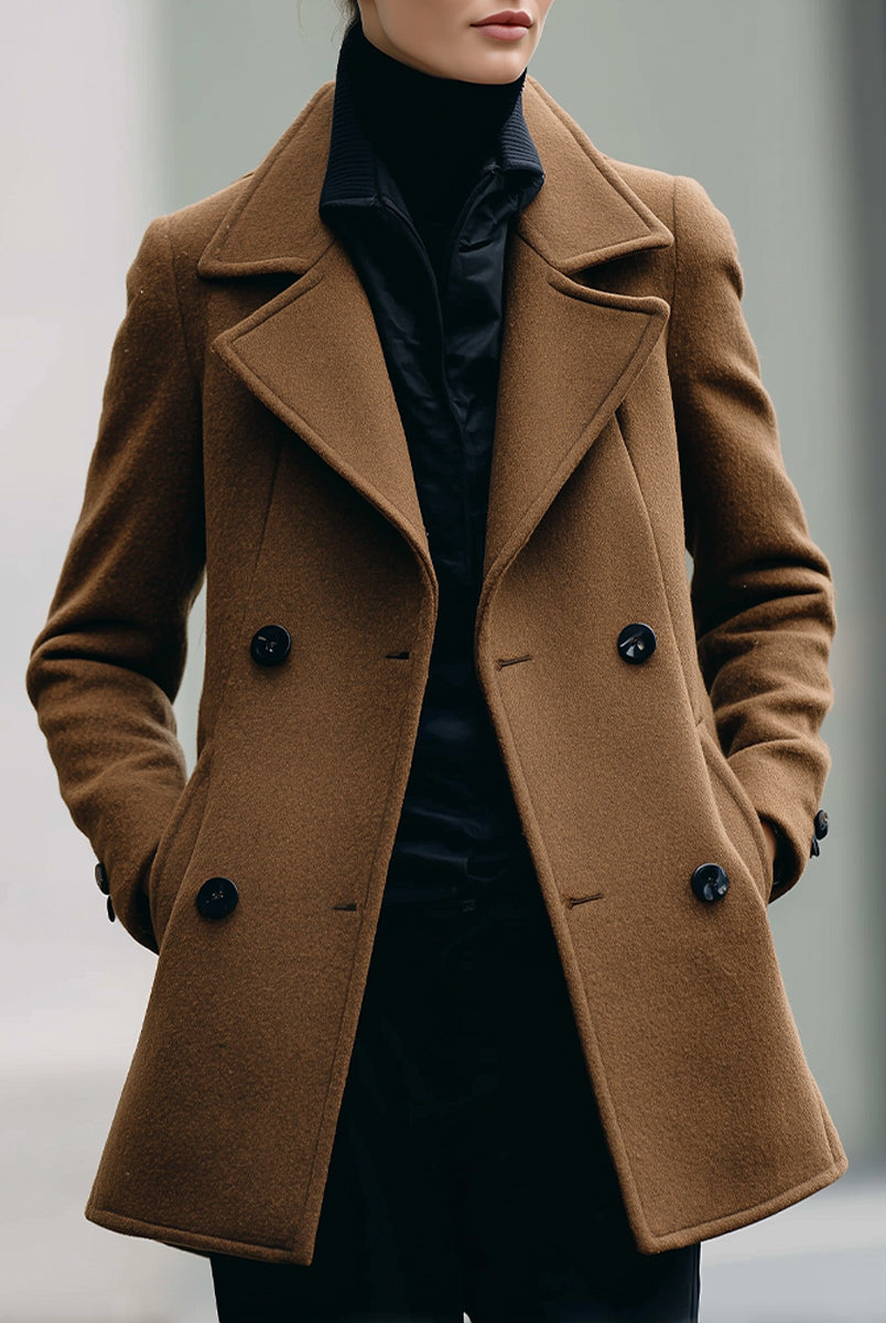Camel double-breasted Lumina Vancouver Frankie jacket, lightweight coat with classic tailored fit, displayed on a hanger.