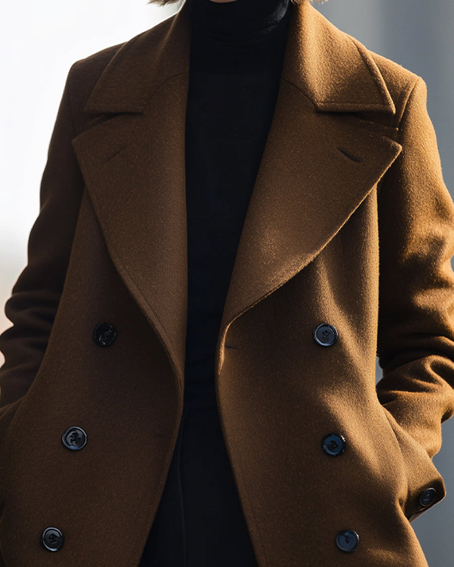Lumina Wear Bea double-breasted coffee jacket, stylish women's coat with tailored fit and classic design, shown in coffee color.