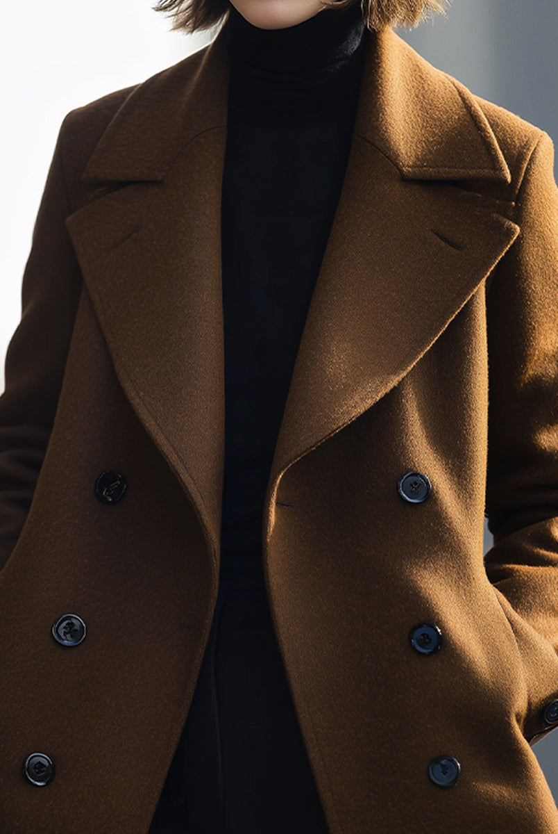 Lumina Vancouver Bea double-breasted coffee jacket, lightweight coat with tailored fit, shown on a model.