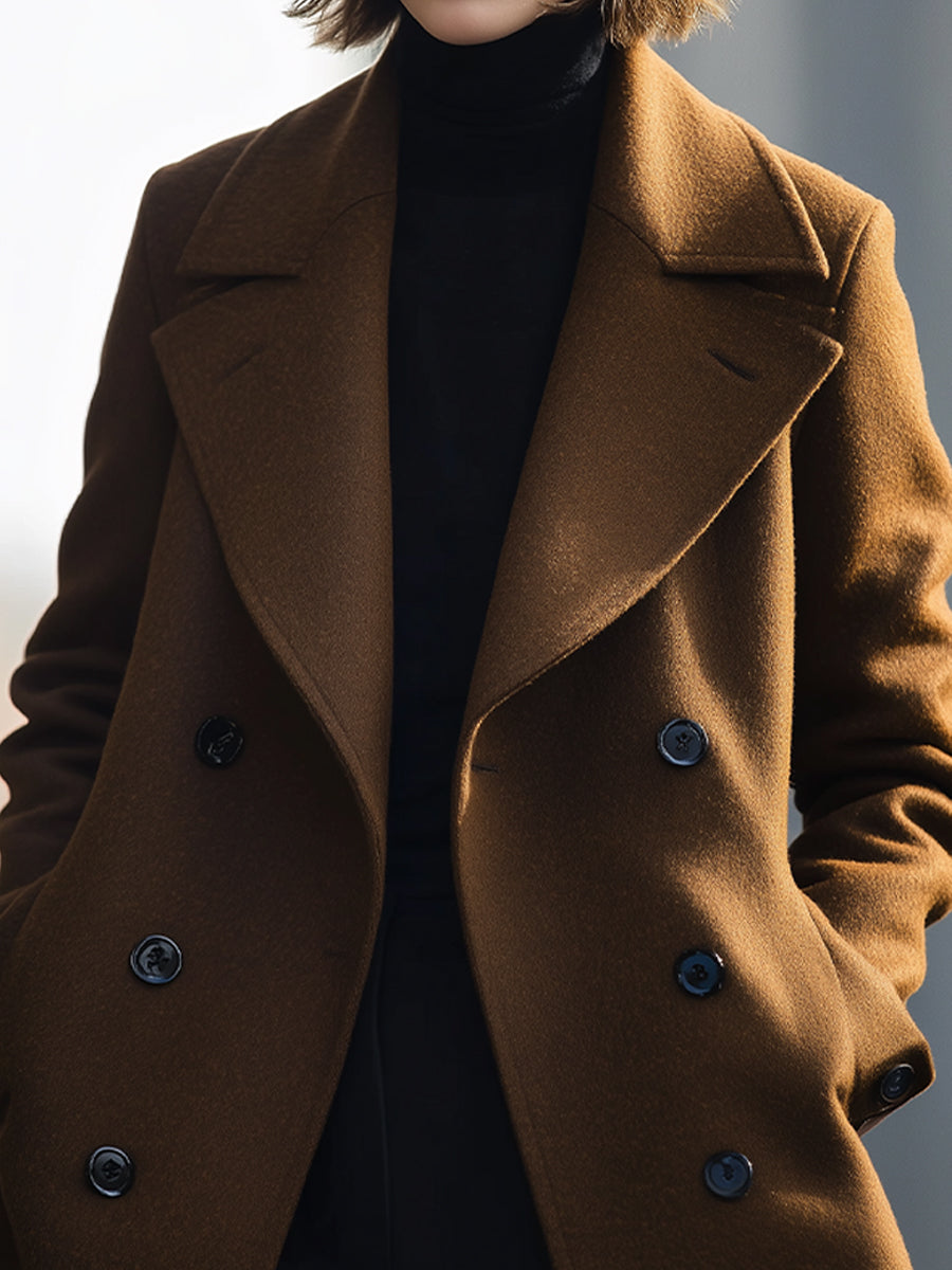 Lumina Vancouver Bea double-breasted coffee jacket, lightweight coat with tailored fit, shown on a model.