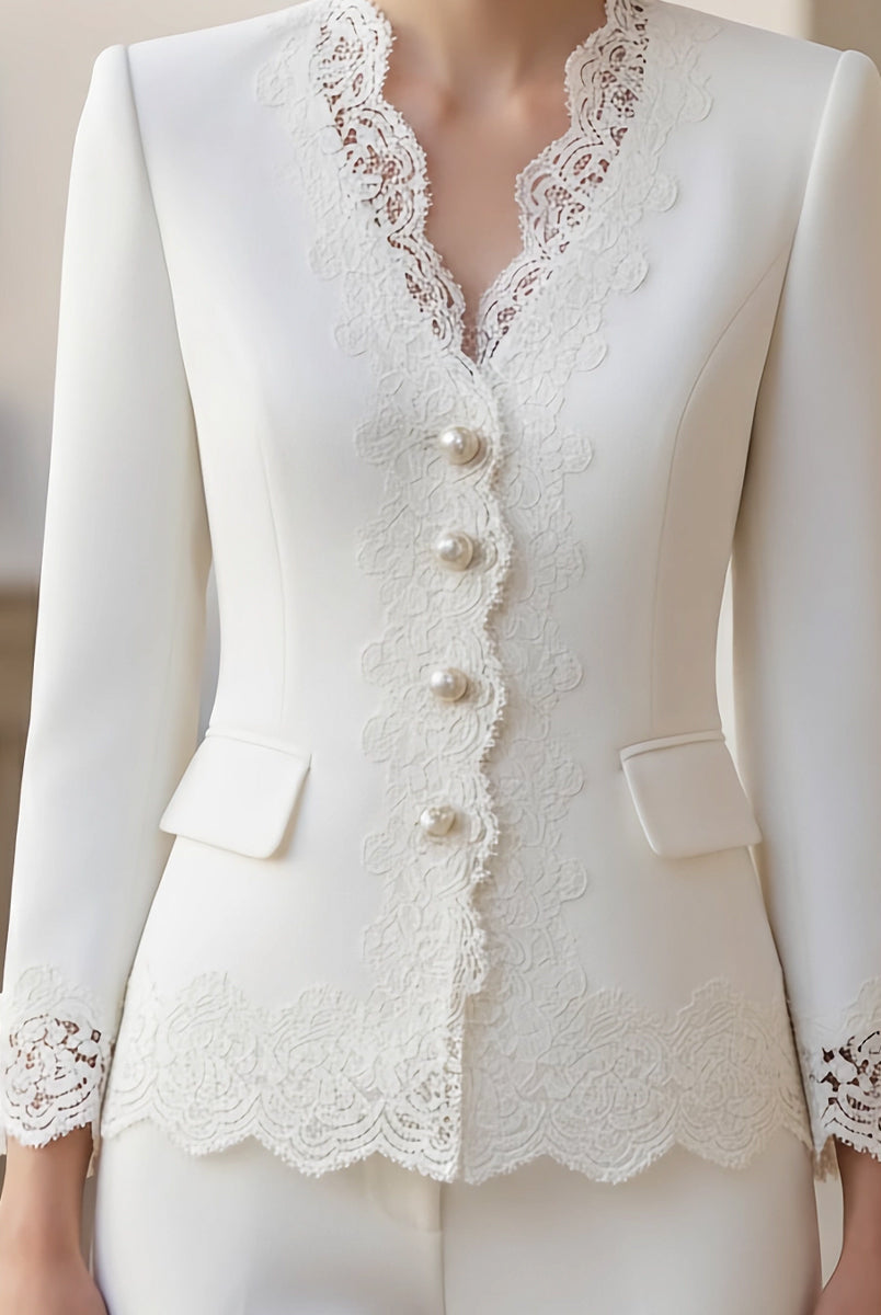 White Pearl Blazer jacket by Lumina Wear, tailored fit with lapel collar, shown on a model.
