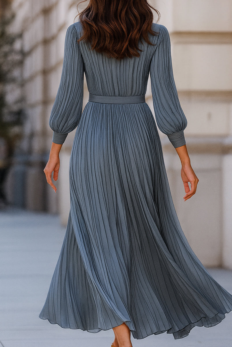 Steel blue pleated midi dress by Lumina Wear, Gwenna Maxi Dress in powder blue with flowing pleats and elegant design.