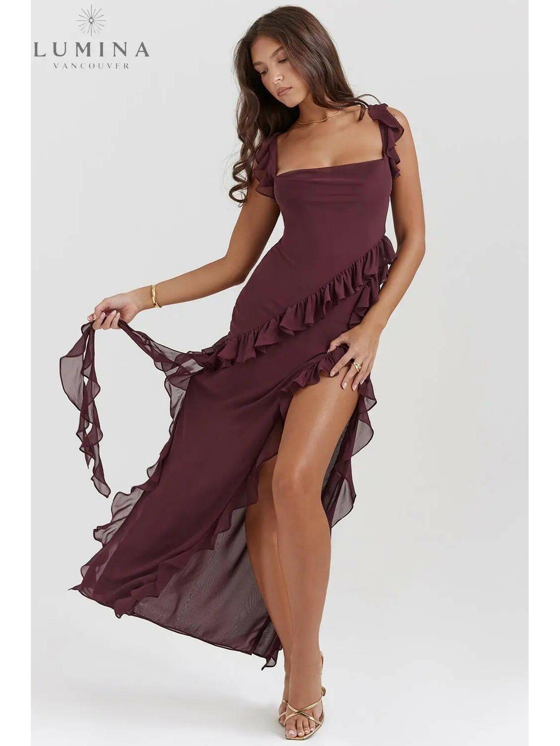 Brown Jacqueline Lumina Vancouver maxi dress featuring a flowing, comfortable design perfect for casual or special occasions.